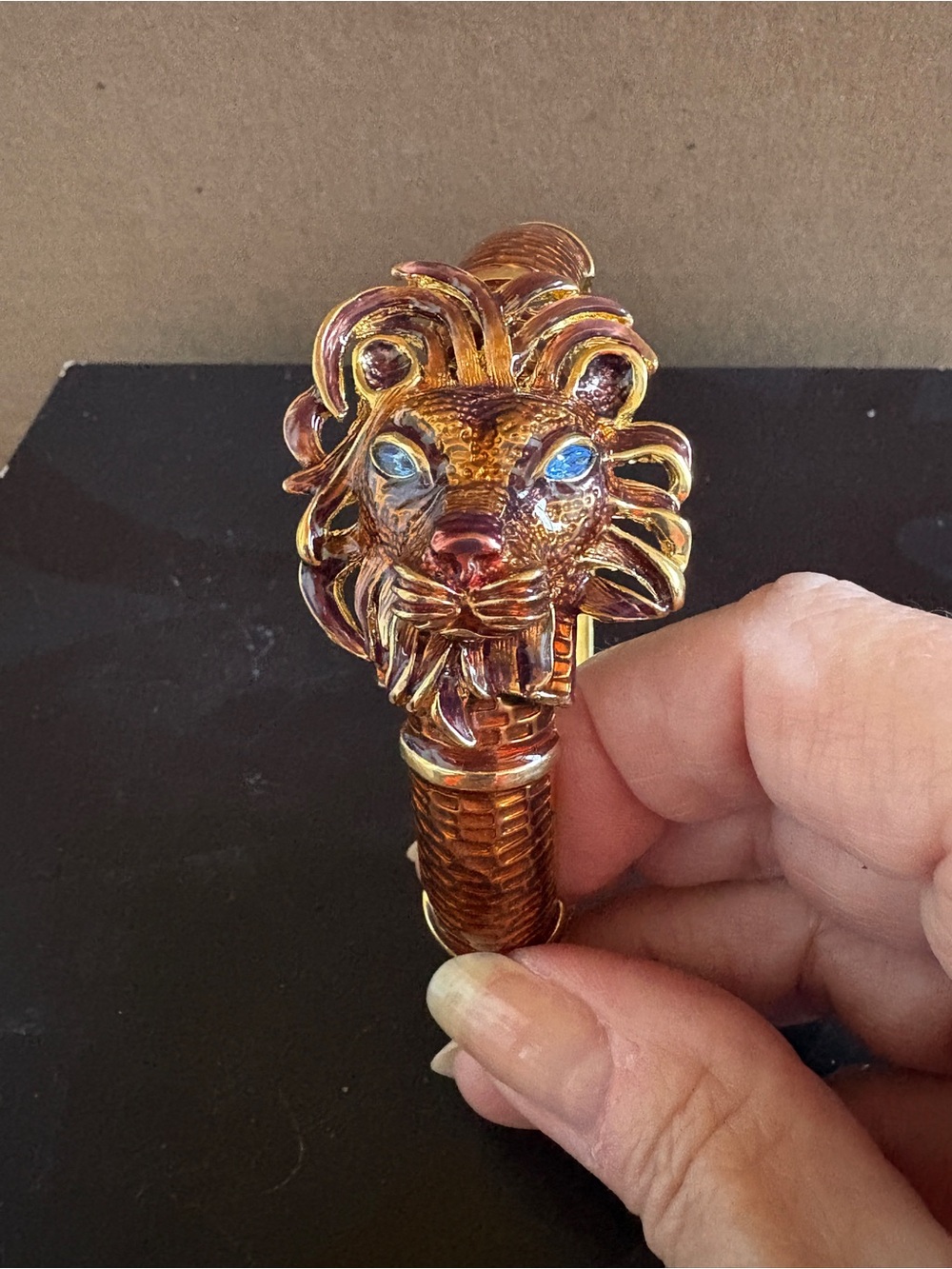 Vintage KJL for Avon Lion Head Statement Bracelet in Shiny Gold Tone